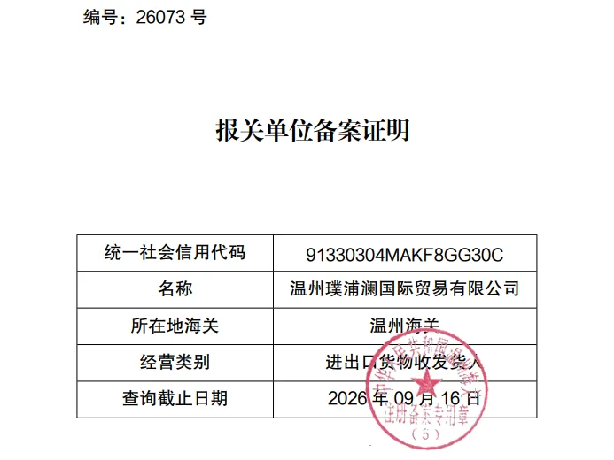 Customs declaration unit filing certificate of Wenzhou Pupulan International Trading Co., Ltd., filed with Wenzhou Customs (No. 26073)