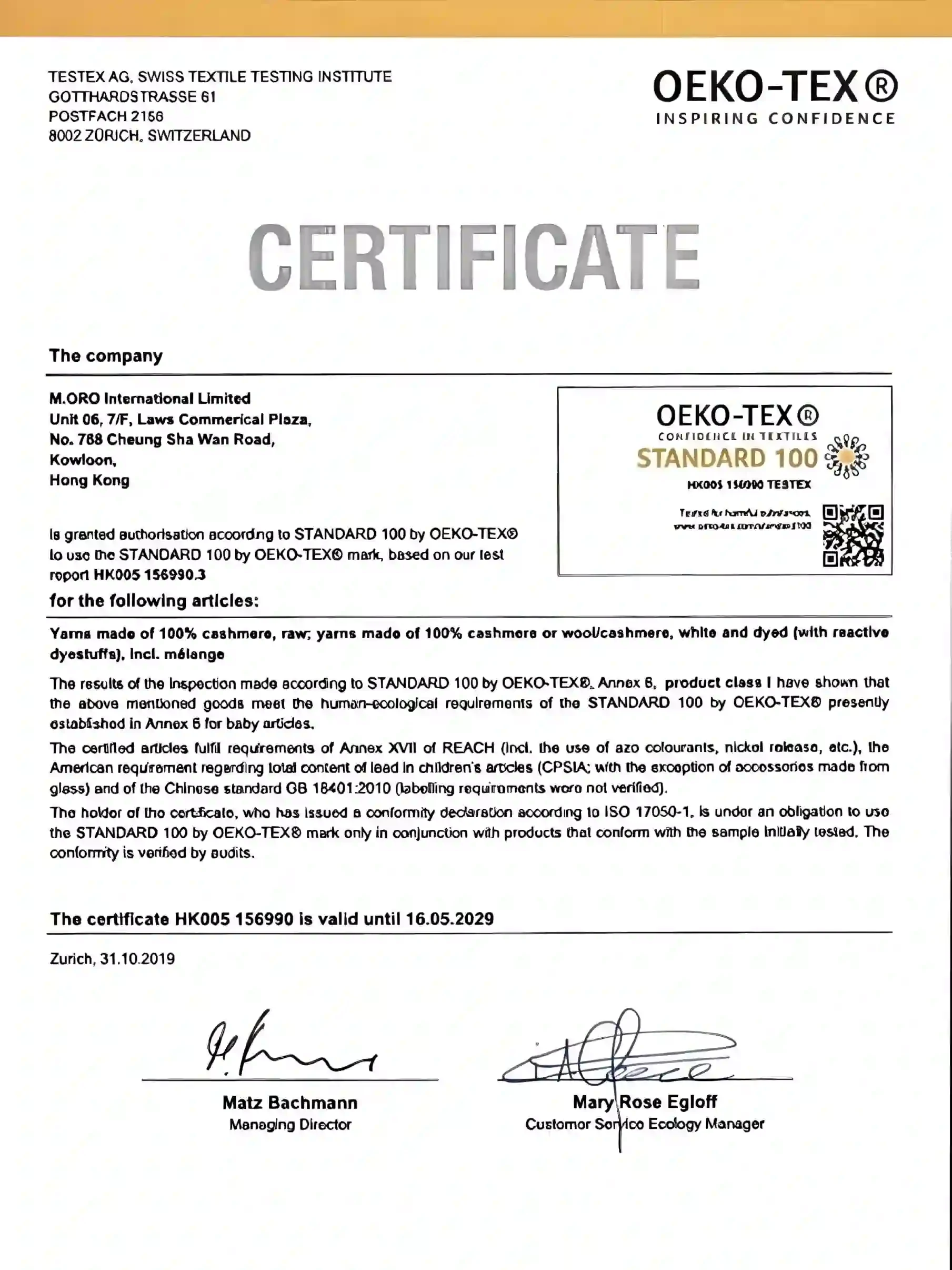 OEKO-TEX Standard 100 certificate issued by TESTEX AG, Swiss Textile Testing Institute