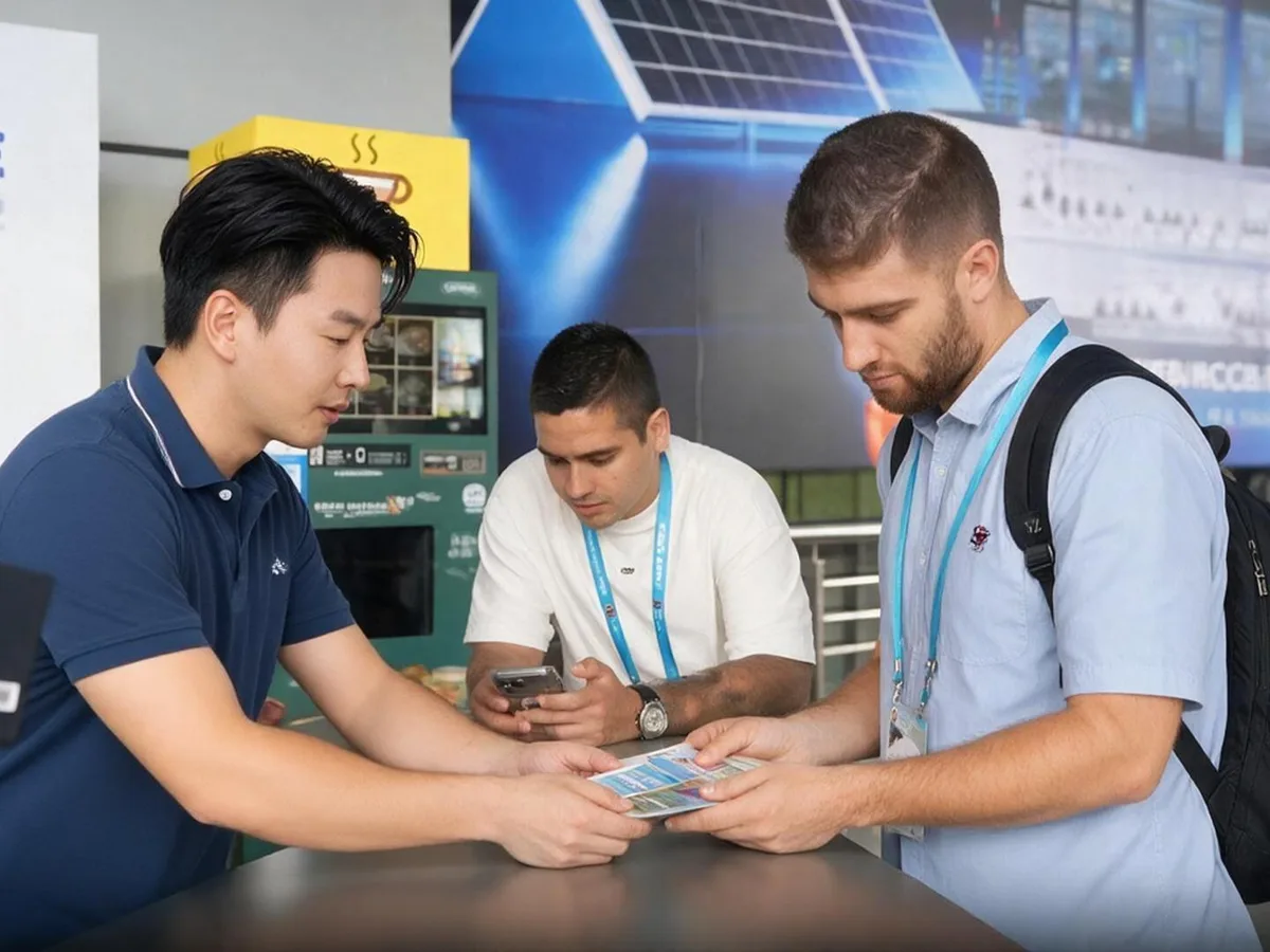 Handing product catalogs to overseas buyers at the fair